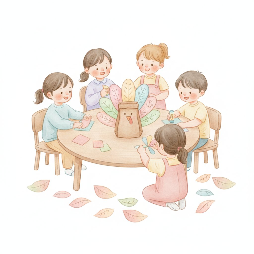 Watercolor illustration of children making a thankful turkey craft with paper feathers and autumn leaves
