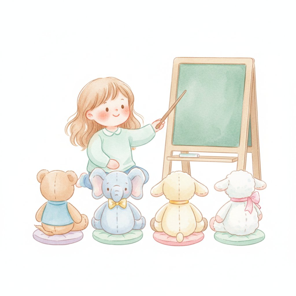 Watercolor illustration of a child playing pretend teacher to stuffed animals