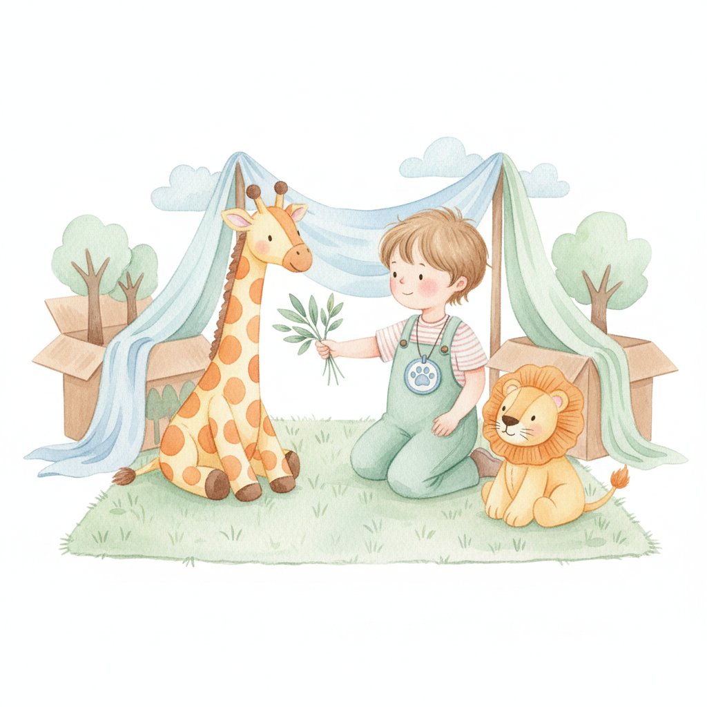 A child zookeeper feeding leaves to toy animals at a pretend habitat