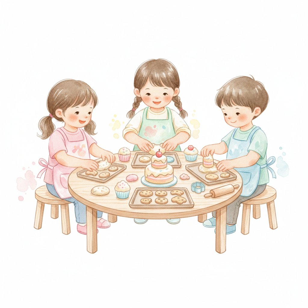Watercolor illustration of children in aprons playing pretend bakery with play dough