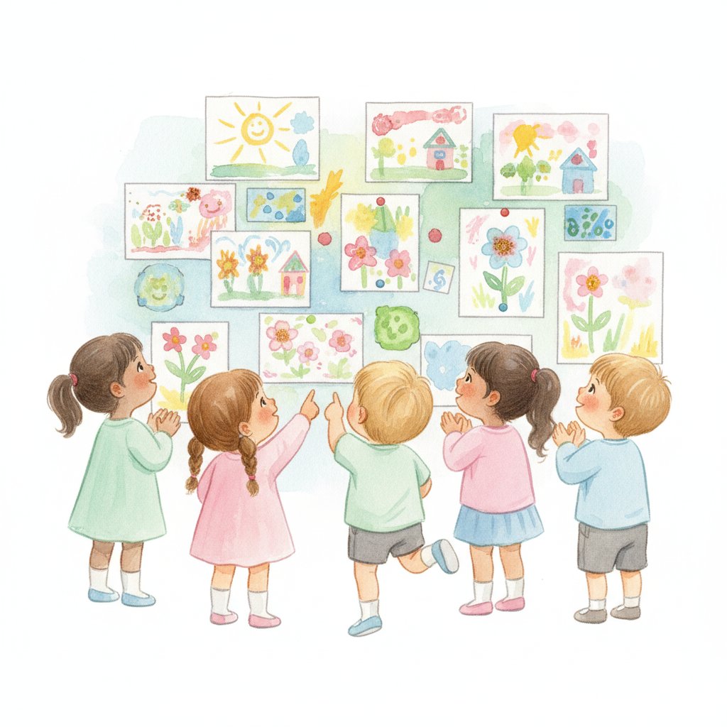 Children admiring a colorful wall display of their own artwork