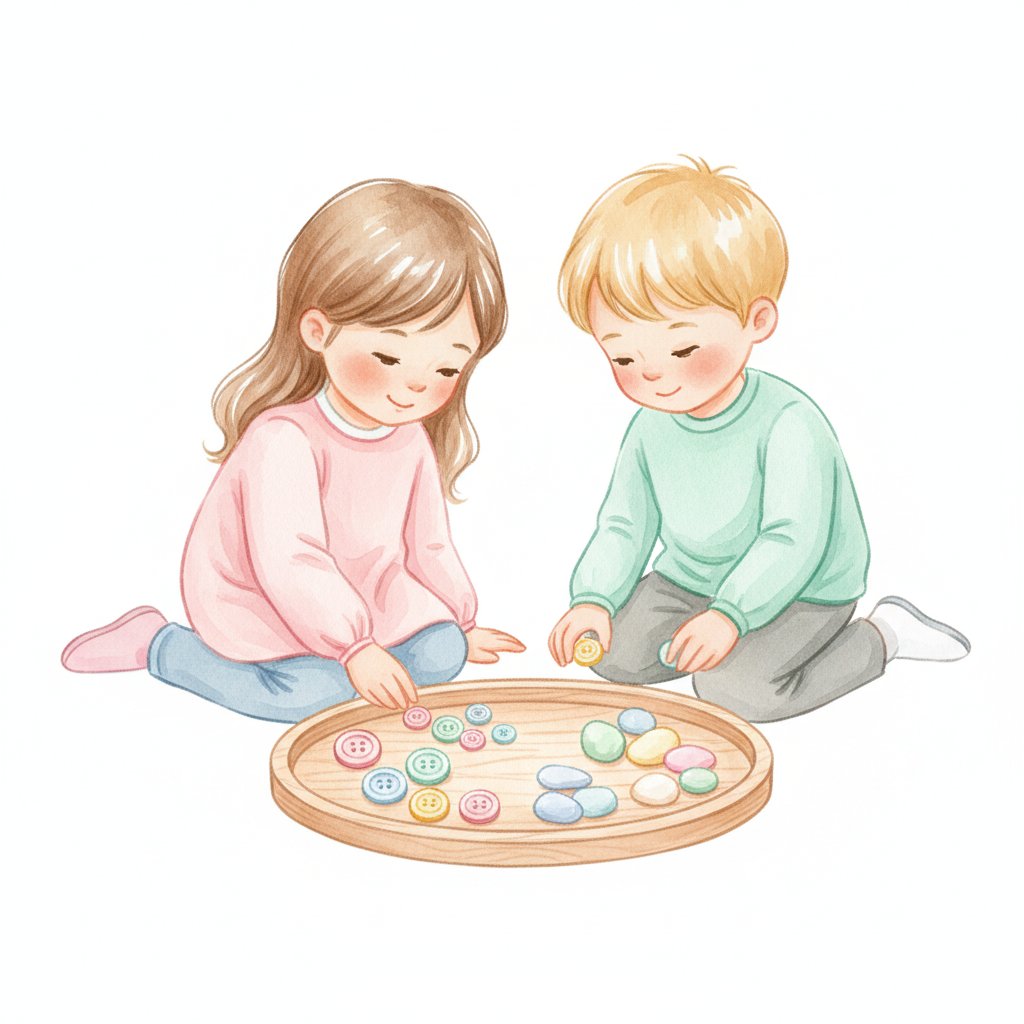 Two children sorting colorful buttons and pebbles into groups on a tray
